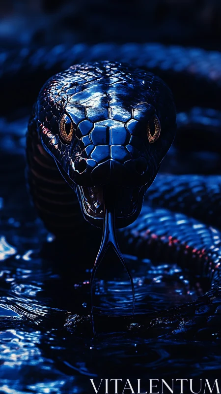 Midnight serpent gazes calmly from shimmering dark water