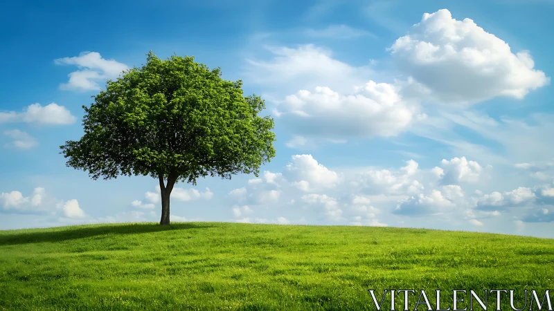 Lone Tree on Grassy Hill Under Blue Sky with Soft White Clouds.