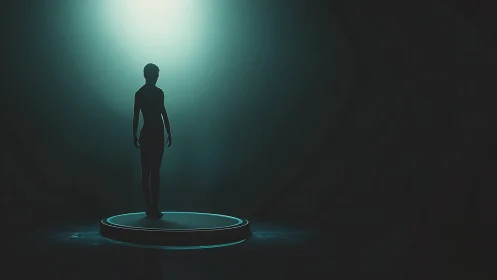 Isolated human figure on luminous circular sci-fi platform.
