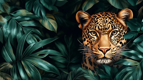 Golden-eyed leopard gazes calmly from lush jungle leaves