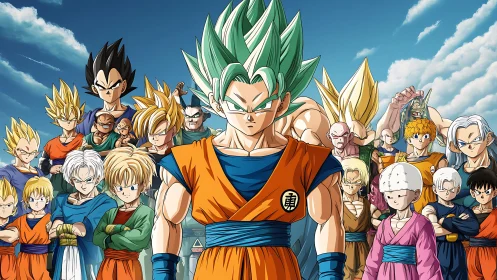 United Saiyan heroes gather under a bold blue sky.