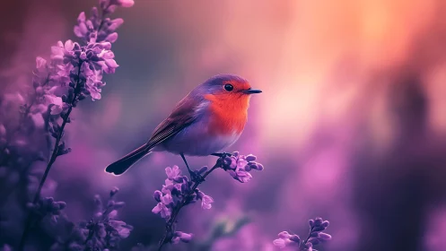 Red robin perches among purple flowering branches in diffused light.