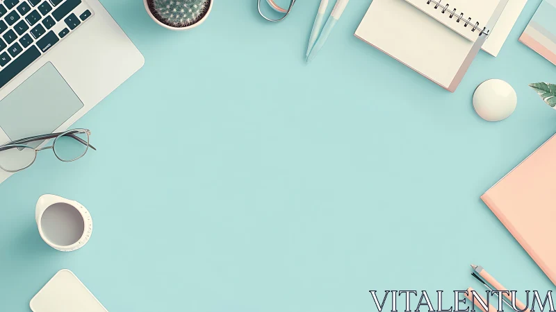 Organized desktop layout with laptop and stationery on blue.