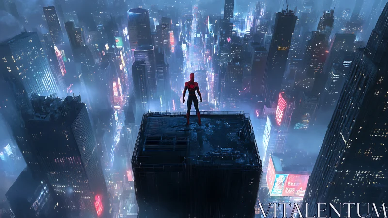 Masked superhero overlooking dense neon city skyline.