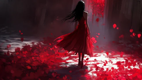 Scarlet wanderer strides through a storm of falling petals.