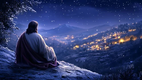 Solitary robed figure contemplates a starlit winter valley.