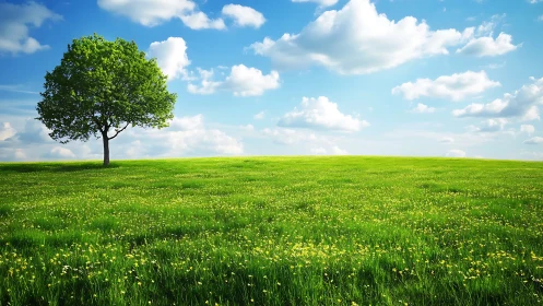 Single green tree on wide spring meadow under blue sky.