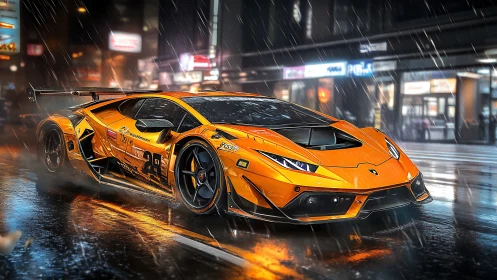 Orange GT race car cuts through neon-lit rain-soaked boulevard