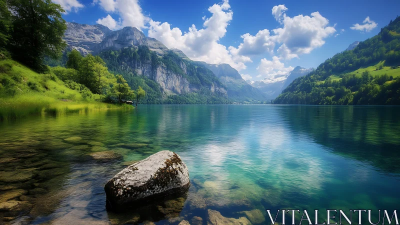 Peaceful mountain lake reflecting bright summer skies.