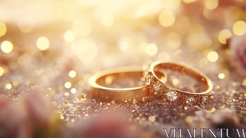 Macro close-up of gold diamond wedding rings in bokeh light