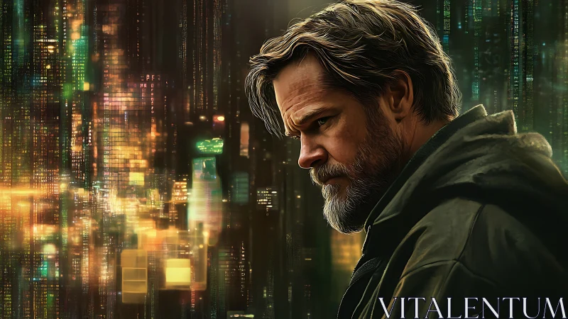 Middle-aged man stands before dense digital city matrix