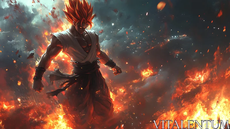 Fiery anime warrior strides through apocalyptic inferno