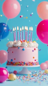 Vibrant Birthday Cake with Lit Candles Against Turquoise Balloon Backdrop.