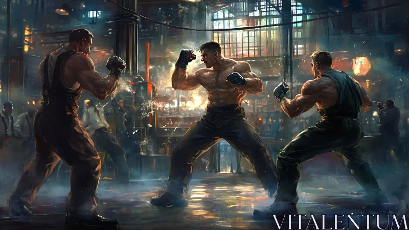 Underground fighters clash in neon-lit warehouse combat