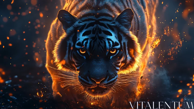 Tiger advances through embers with high-contrast bokeh illumination