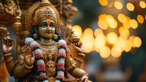 Golden Hindu deity statue glows softly in festive temple light