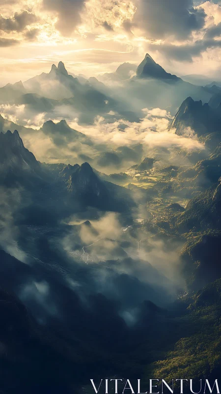 Sunlit mountain valleys wrapped in dreamy rolling mist.
