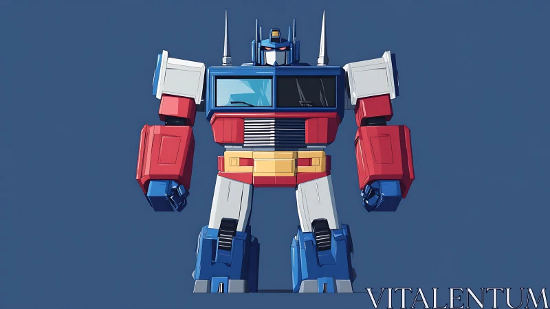 Stylized bipedal robot stands front facing on flat background