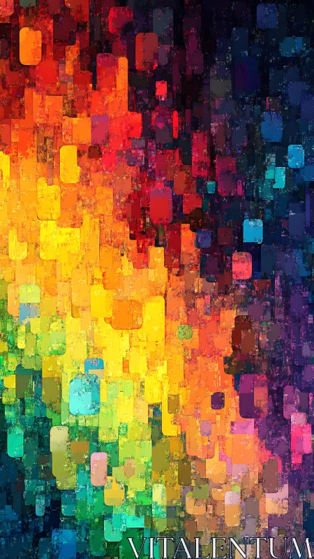 Pixelated rainbow cascade ignites a prismed nocturne storm.