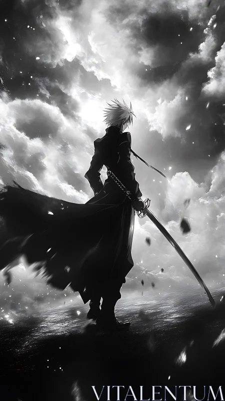Lone anime swordsman under dramatic stormy sky.