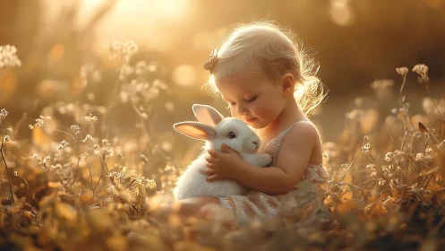 Backlit toddler hugs white rabbit in shallow-depth golden meadow