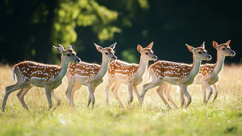 Spotted fawn herd crossing sunlit meadow in summer light.