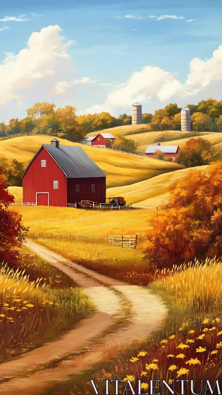 Red barn overlooks rolling golden fields under clear sky