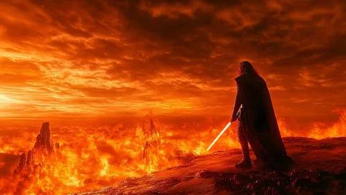 Armored warrior surveys volcanic lava plain with ignited energy blade