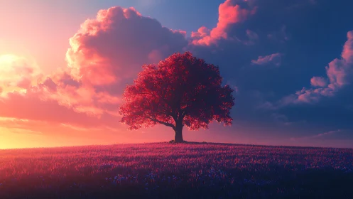 Solitary red tree anchors a neon dusk landscape tableau