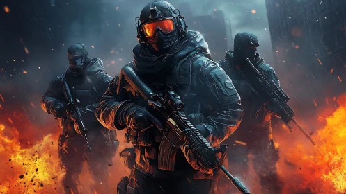 Tactical strike team advances through inferno with cinematic lighting