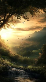 Digital painting of luminous valley cascade at golden hour.