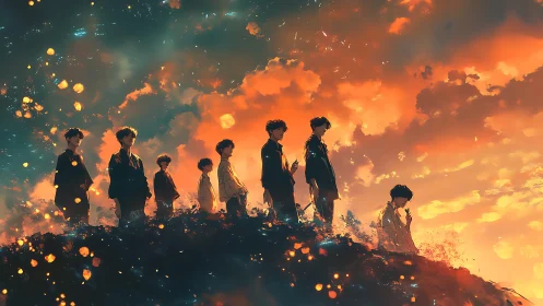 Silhouetted figures aligned on ridge against vivid dusk sky.