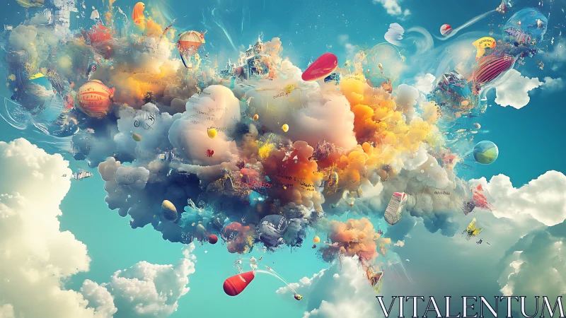 Multicolored abstract cloudscape with floating objects in sky.