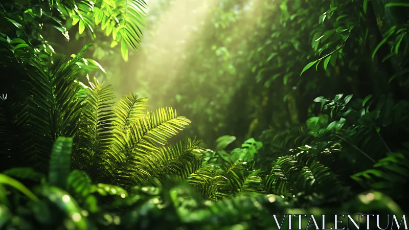 Sunlit Forest Sanctuary Among Lush Green Ferns.