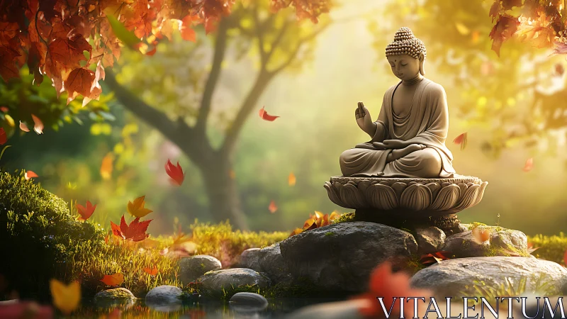 Serene Buddha statue amid glowing autumn garden light.