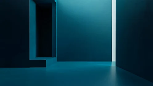 Minimal geometric interior with teal walls and doorway.