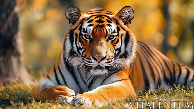 Golden forest tiger resting calmly in soft autumn light.