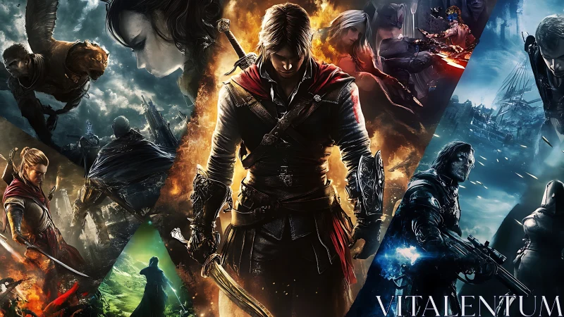 Central fantasy warrior stands amid segmented battle scenes