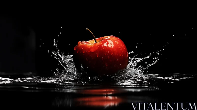 Red apple splashing in dark water with sharp reflections.