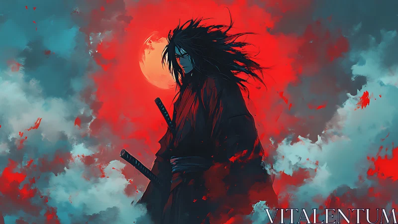 Crimson moon warrior emerging through stormfire clouds.