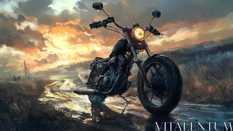 Motorcycle stands on wet rural road under dramatic sunset sky