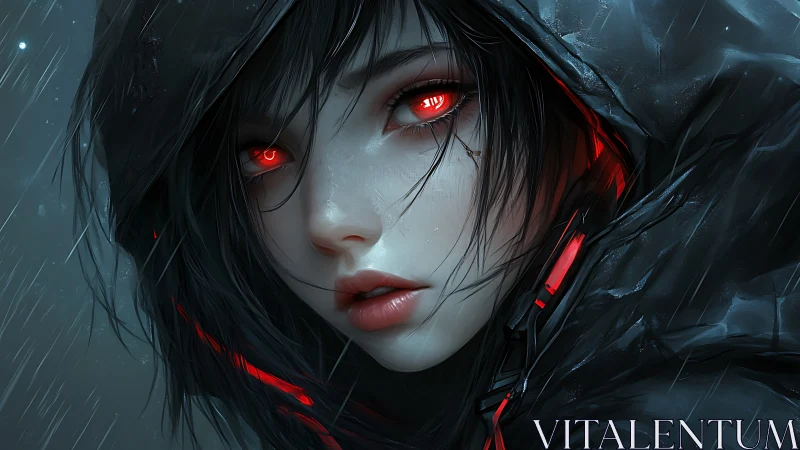Hooded female cyborg portrait with red glowing eyes in rain.