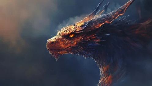 Fiery horned dragon portrait against dark smoky void.