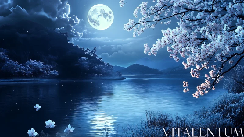 Moonlit cherry blossoms glow softly over a tranquil lake