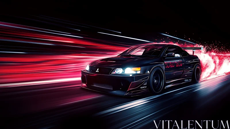 Aerodynamic tuner coupe in neon red motion-blur tunnel.