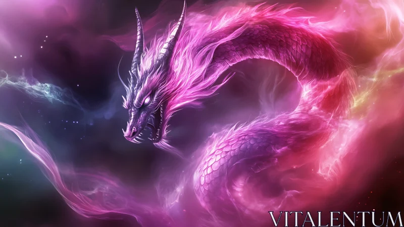 Cosmic serpentine dragon coils through luminous magenta nebula