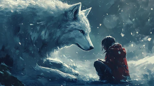 Giant white wolf guards child in stormlit winter forest