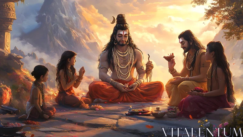 Mountain dusk hushes as divine family gathers in ritual