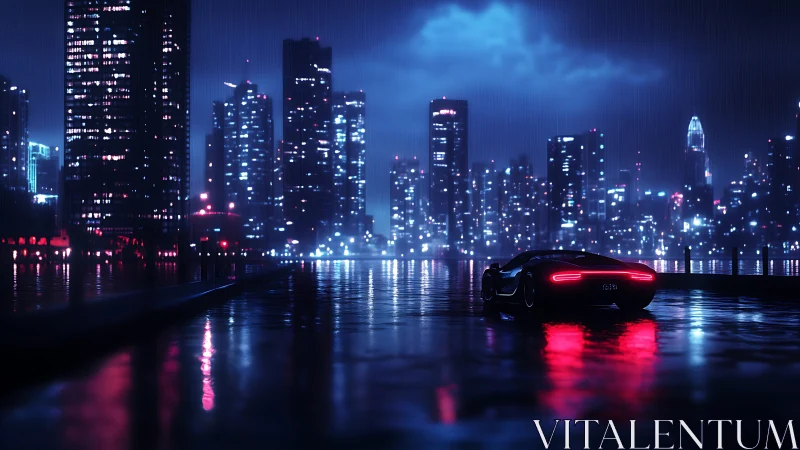 Neon skyline rainstorm with lone supercar burning red trails.