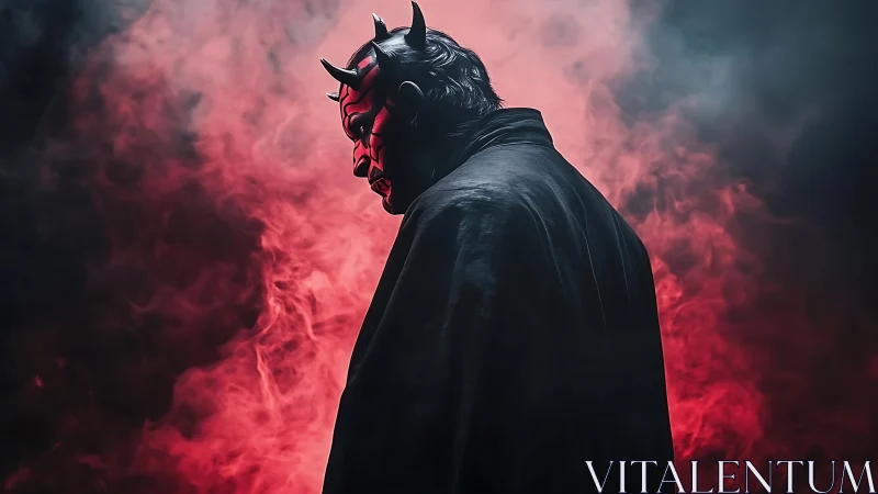 Crimson smoke curls while a horned shadow king quietly broods